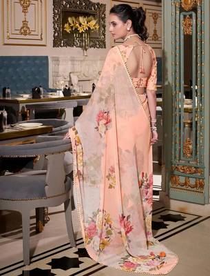 peach georgette floral printed saree with blouse 4