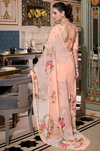 peach georgette floral printed saree with blouse