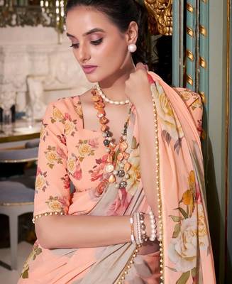 peach georgette floral printed saree with blouse 5