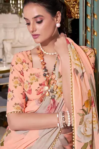 peach georgette floral printed saree with blouse