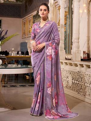 grey floral printed georgette saree with blouse 1