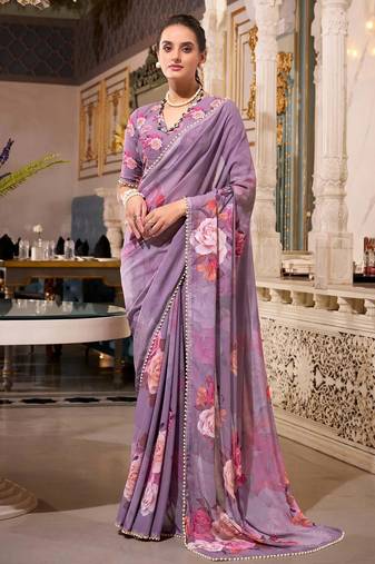 grey floral printed georgette saree with blouse