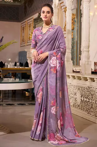 grey floral printed georgette saree with blouse