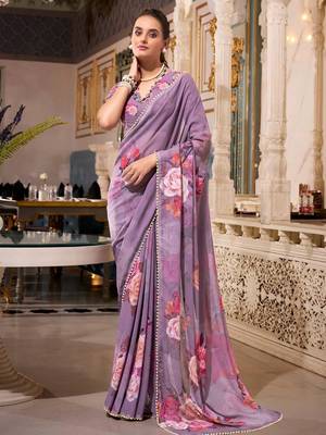 grey floral printed georgette saree with blouse 2