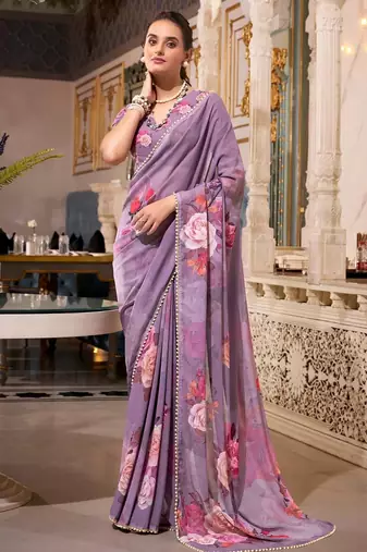 grey floral printed georgette saree with blouse