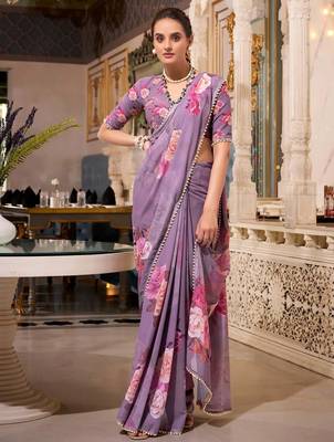 grey floral printed georgette saree with blouse 3