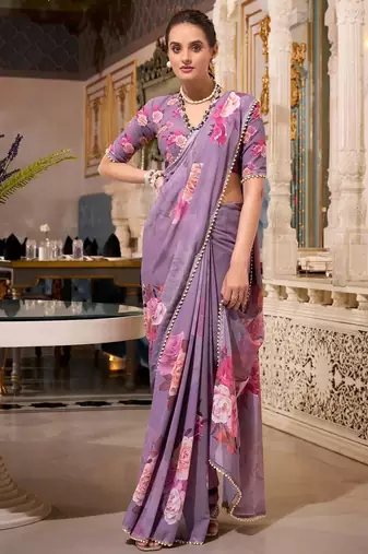 grey floral printed georgette saree with blouse