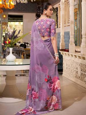 grey floral printed georgette saree with blouse 4