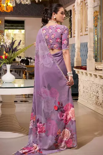 grey floral printed georgette saree with blouse