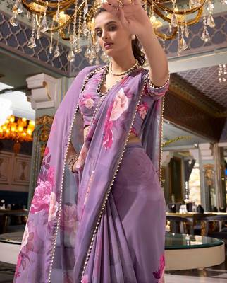 grey floral printed georgette saree with blouse 5