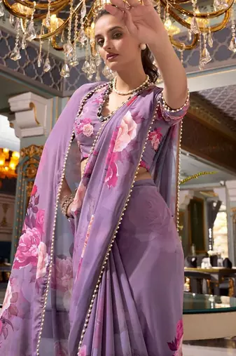 grey floral printed georgette saree with blouse