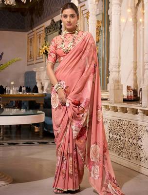 orange georgette printed saree 1