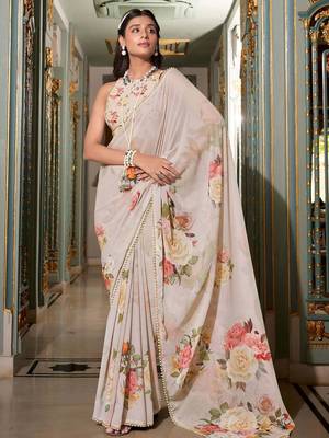 off white floral printed saree with blouse 2