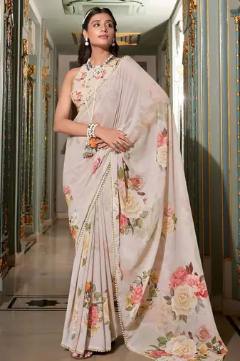 off white floral printed saree with blouse