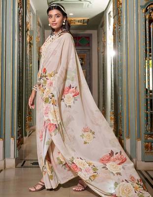 off white floral printed saree with blouse 3