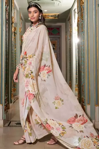 off white floral printed saree with blouse