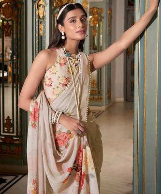 off white floral printed saree with blouse 5