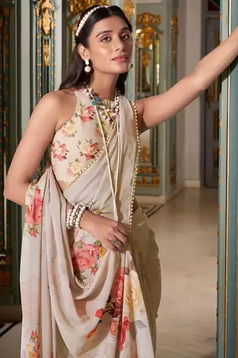 off white floral printed saree with blouse