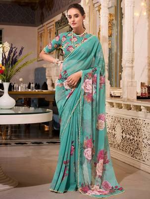 green georgette floral printed saree with blouse 1