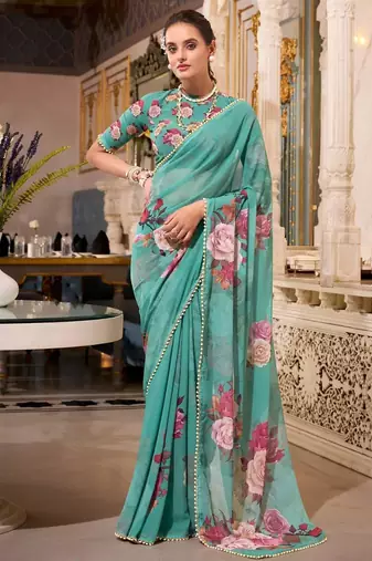 green georgette floral printed saree with blouse