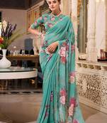 green georgette floral printed saree with blouse