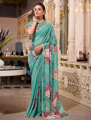 green georgette floral printed saree with blouse 2