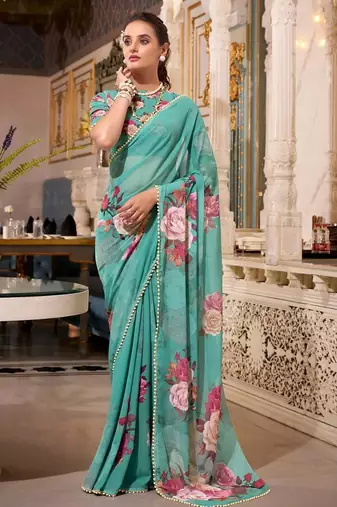 green georgette floral printed saree with blouse