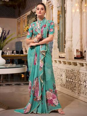 green georgette floral printed saree with blouse 3