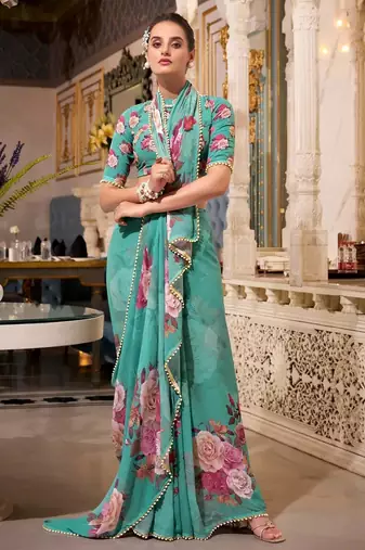 green georgette floral printed saree with blouse