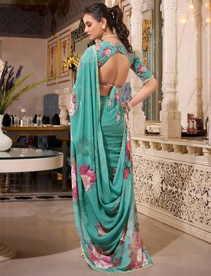 green georgette floral printed saree with blouse 4