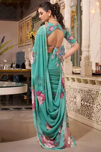 green georgette floral printed saree with blouse