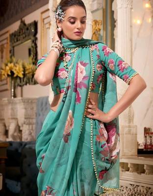 green georgette floral printed saree with blouse 5
