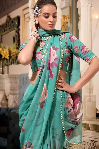 green georgette floral printed saree with blouse