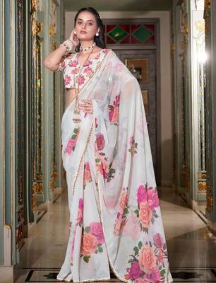 white georgette saree with blouse 3
