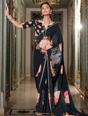 black floral printed saree with blouse 1