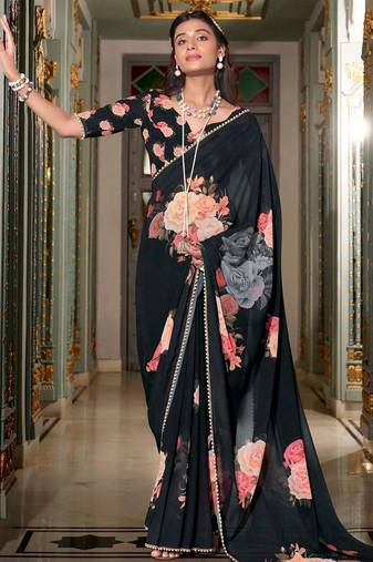 black floral printed saree with blouse
