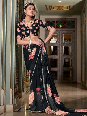 black floral printed saree with blouse 2