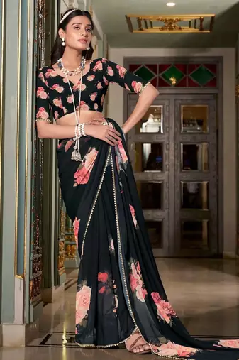 black floral printed saree with blouse