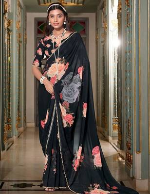black floral printed saree with blouse 3