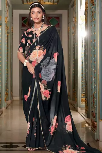 black floral printed saree with blouse
