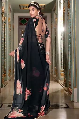 black floral printed saree with blouse