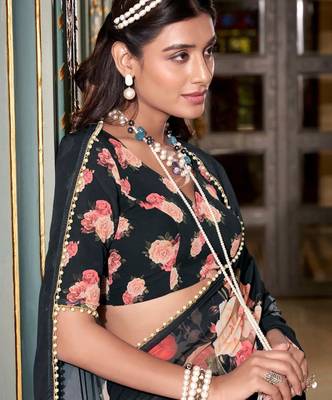 black floral printed saree with blouse 5