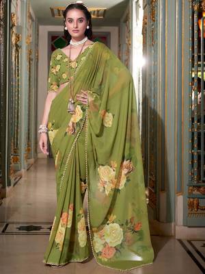 mehendi georgette printed saree with blouse 1