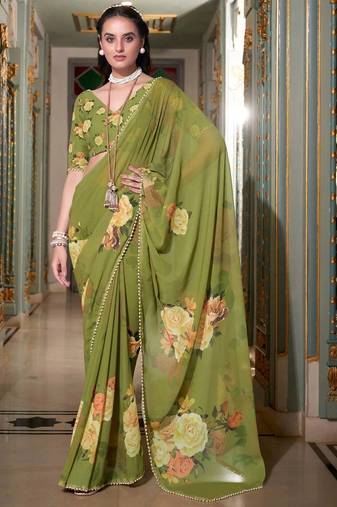 mehendi georgette printed saree with blouse