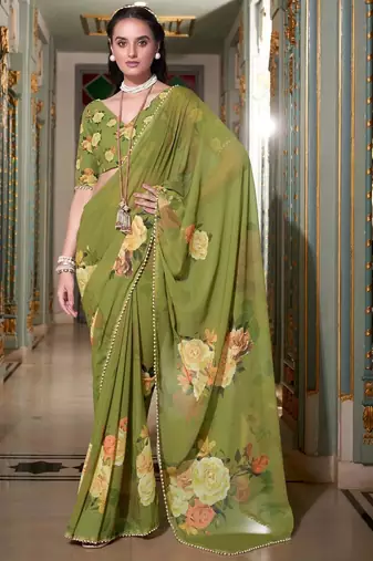 mehendi georgette printed saree with blouse