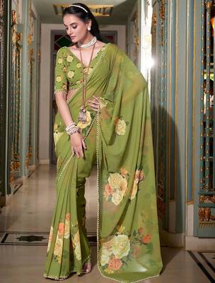 mehendi georgette printed saree with blouse 2