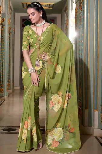 mehendi georgette printed saree with blouse