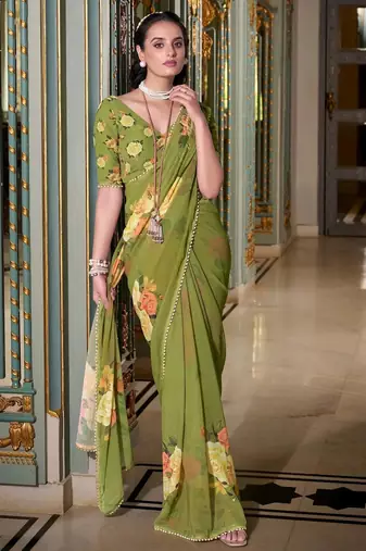 mehendi georgette printed saree with blouse