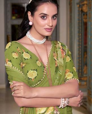 mehendi georgette printed saree with blouse 5