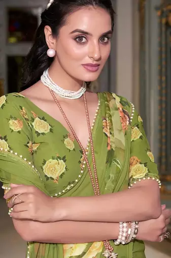 mehendi georgette printed saree with blouse
